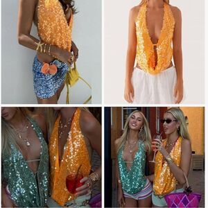 Sequin Halter Top in Orange